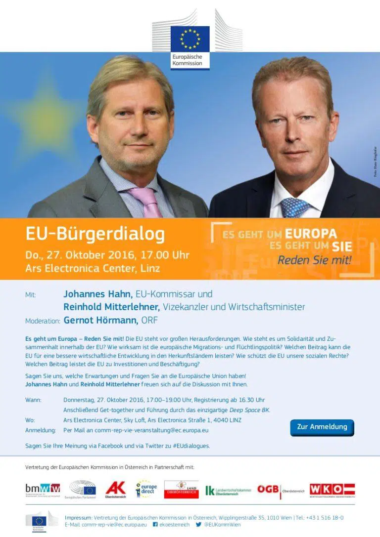 Read more about the article EU-Bürgerdialog am 27.10.2016 mit Johannes Hahn und Reinhold Mitterlehner