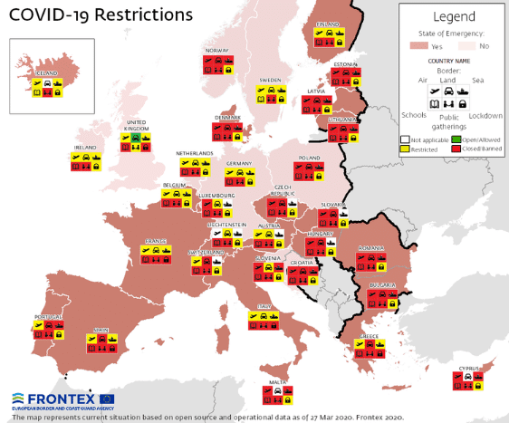 Europakarte, wo die Covid-19 Beschränkungen in jedem Land eingezeichnet sind