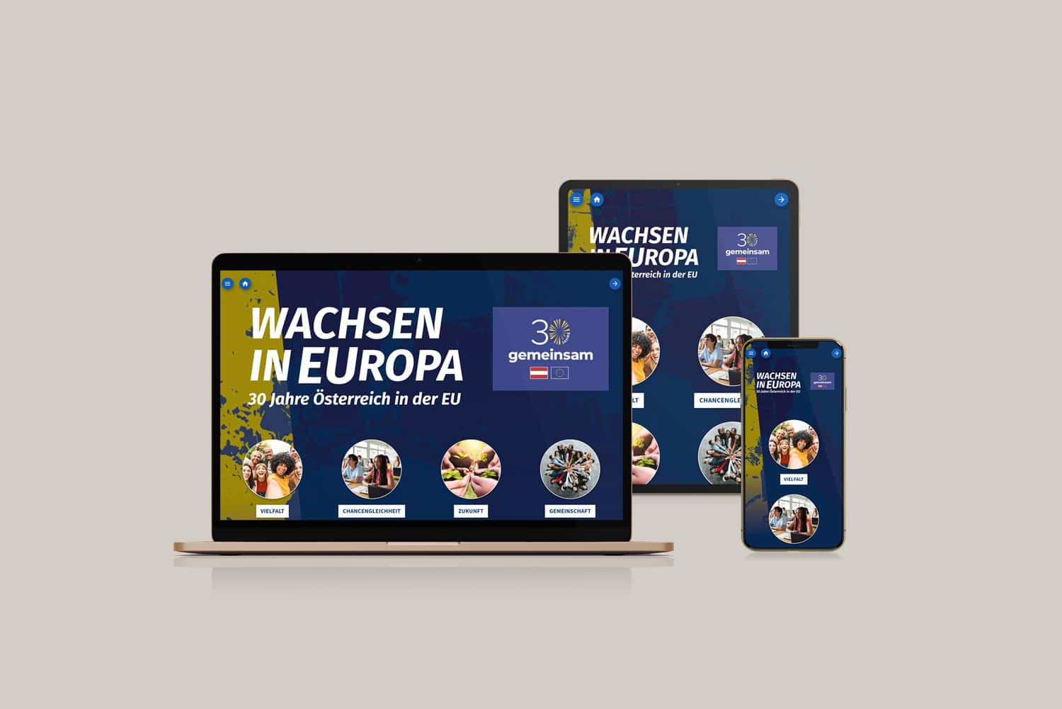 Digitale Wanderaustellung Mockup mit Laptop, Tablet und Smartphone